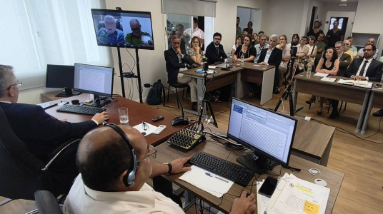 Durante el juicio a Rocca, Morales, Pérez, Caubarrère, Soloviy, Castellá, Costas, Estebenet y Saiz, el 22 de diciembre, en el juzgado de Fray Bentos de primer turno.  Foto: Gentileza APU